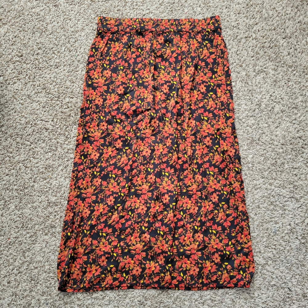 Gap Skirt Midi Floral Black Orange Yellow Satin Slit Size Small Petite SP